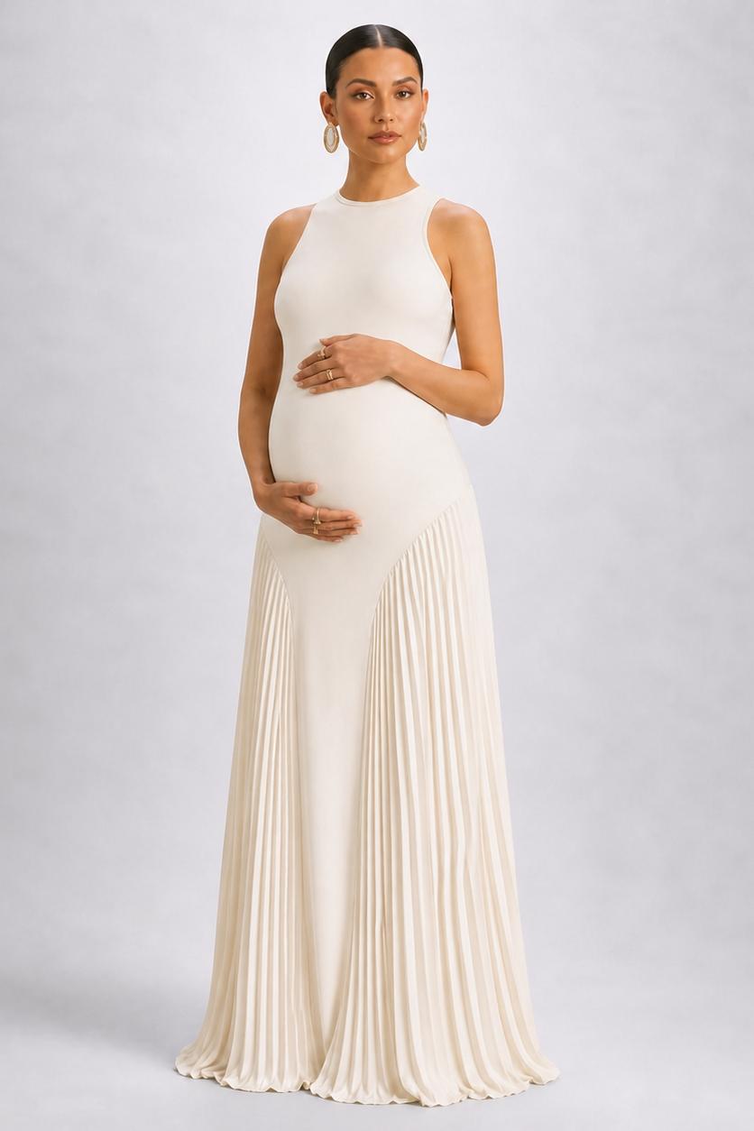Sleeveless Maternity Maxi Dress with Round Neck and Pleated Skirt-Jivoca
