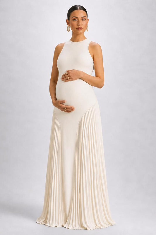 Sleeveless Maternity Maxi Dress with Round Neck and Pleated Skirt-Jivoca