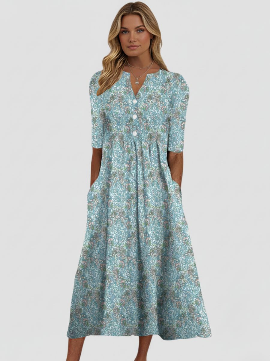 V-neck Casual Loose Floral Vacation Half Sleeve Midi Dress For Women-Jivoca