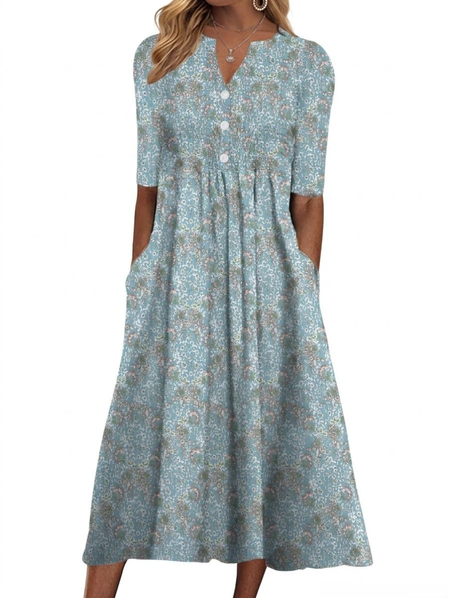V-neck Casual Loose Floral Vacation Half Sleeve Midi Dress For Women-Jivoca
