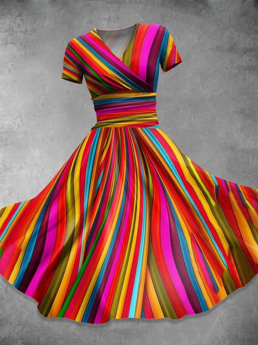 V-neck Retro Rainbow Stripe Print Short Sleeve Casual Dress For Women-Jivoca