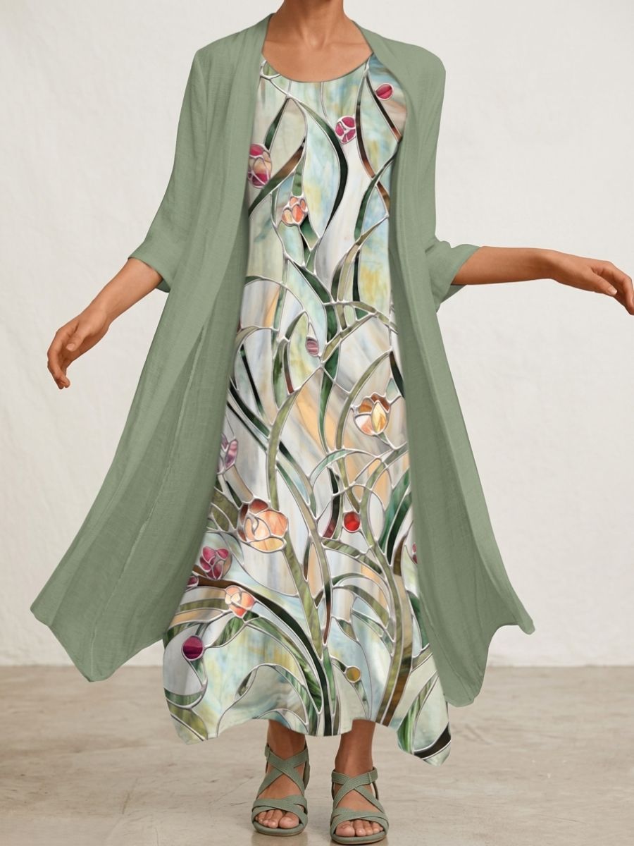 Vintage Floral Print Round Neck Two-Piece Dress For Women-Jivoca