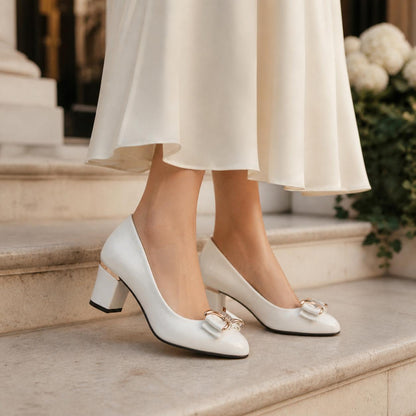 Wedding Guest Block Heel Court Shoes with Bow Detail-Jivoca