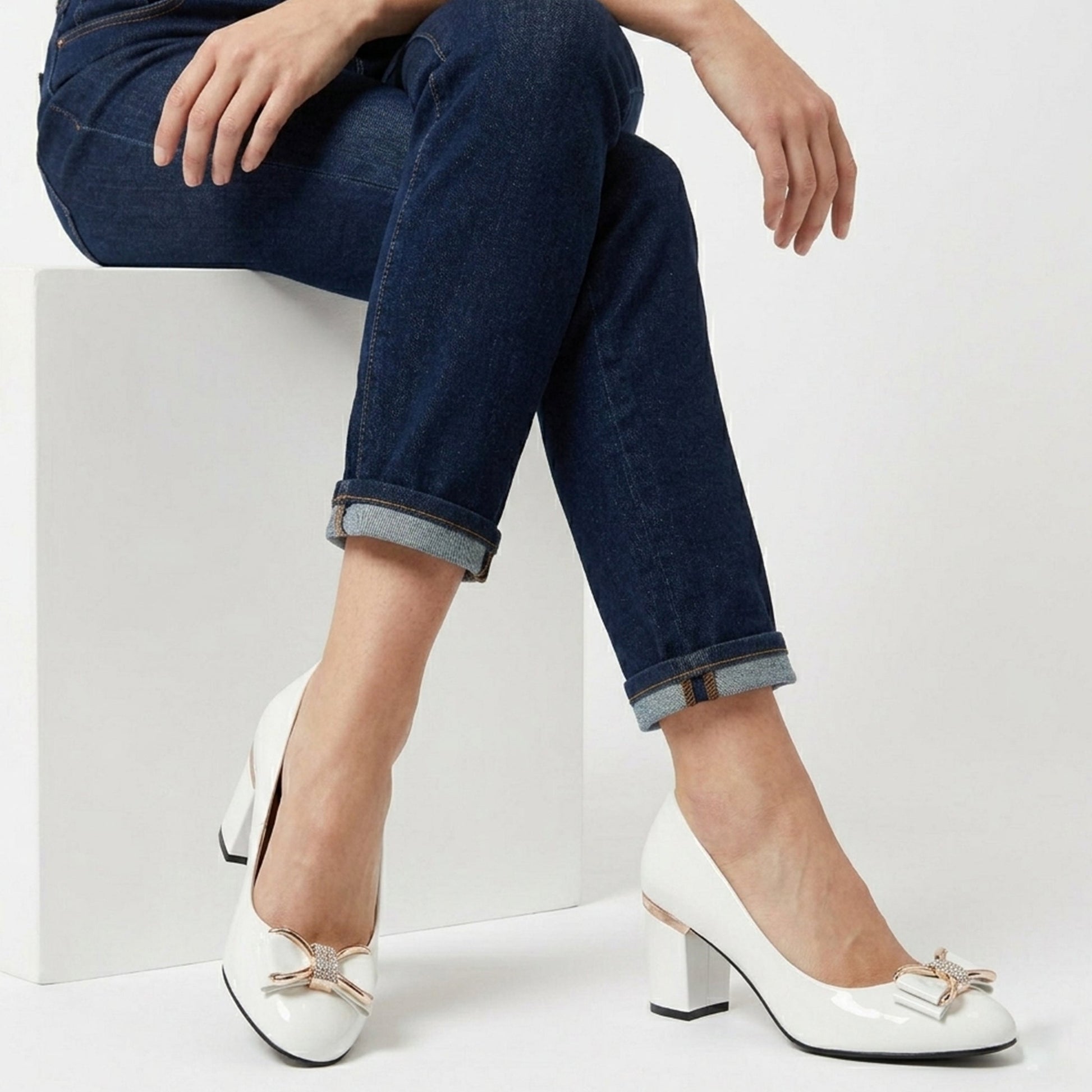 Wedding Guest Block Heel Court Shoes with Bow Detail-Jivoca