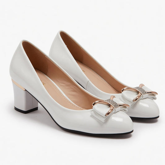 Wedding Guest Block Heel Court Shoes with Bow Detail-Jivoca