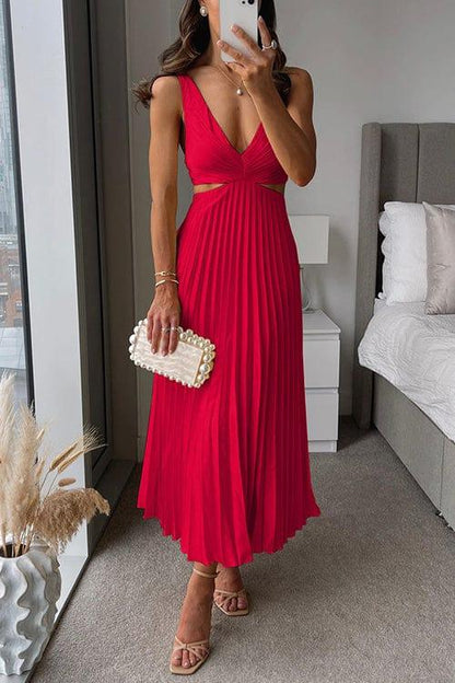 Wedding Guest Satin Midi Dress with Pleated Skirt-Jivoca