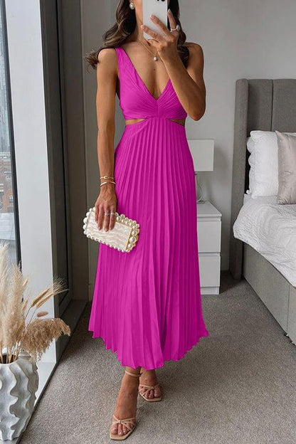 Wedding Guest Satin Midi Dress with Pleated Skirt-Jivoca
