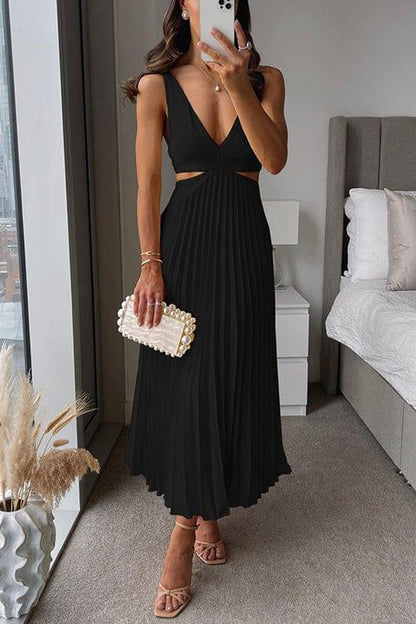 Wedding Guest Satin Midi Dress with Pleated Skirt-Jivoca