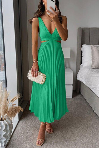 Wedding Guest Satin Midi Dress with Pleated Skirt-Jivoca