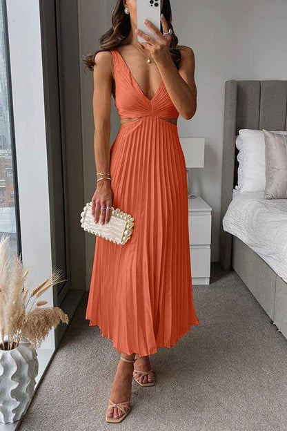 Wedding Guest Satin Midi Dress with Pleated Skirt-Jivoca
