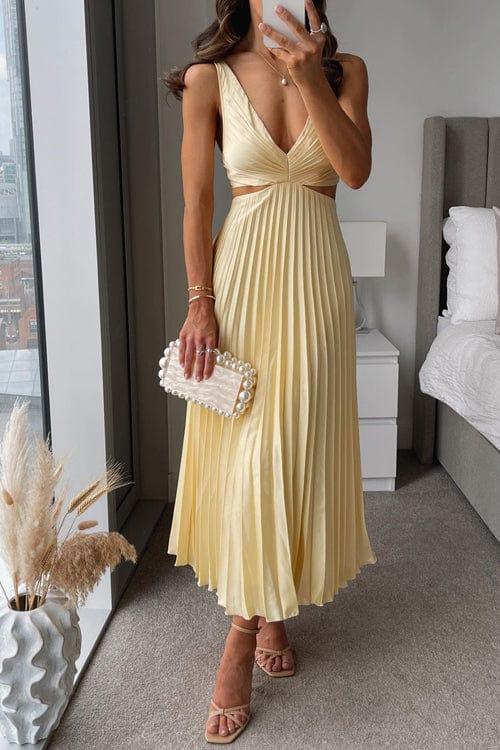 Wedding Guest Satin Midi Dress with Pleated Skirt-Jivoca