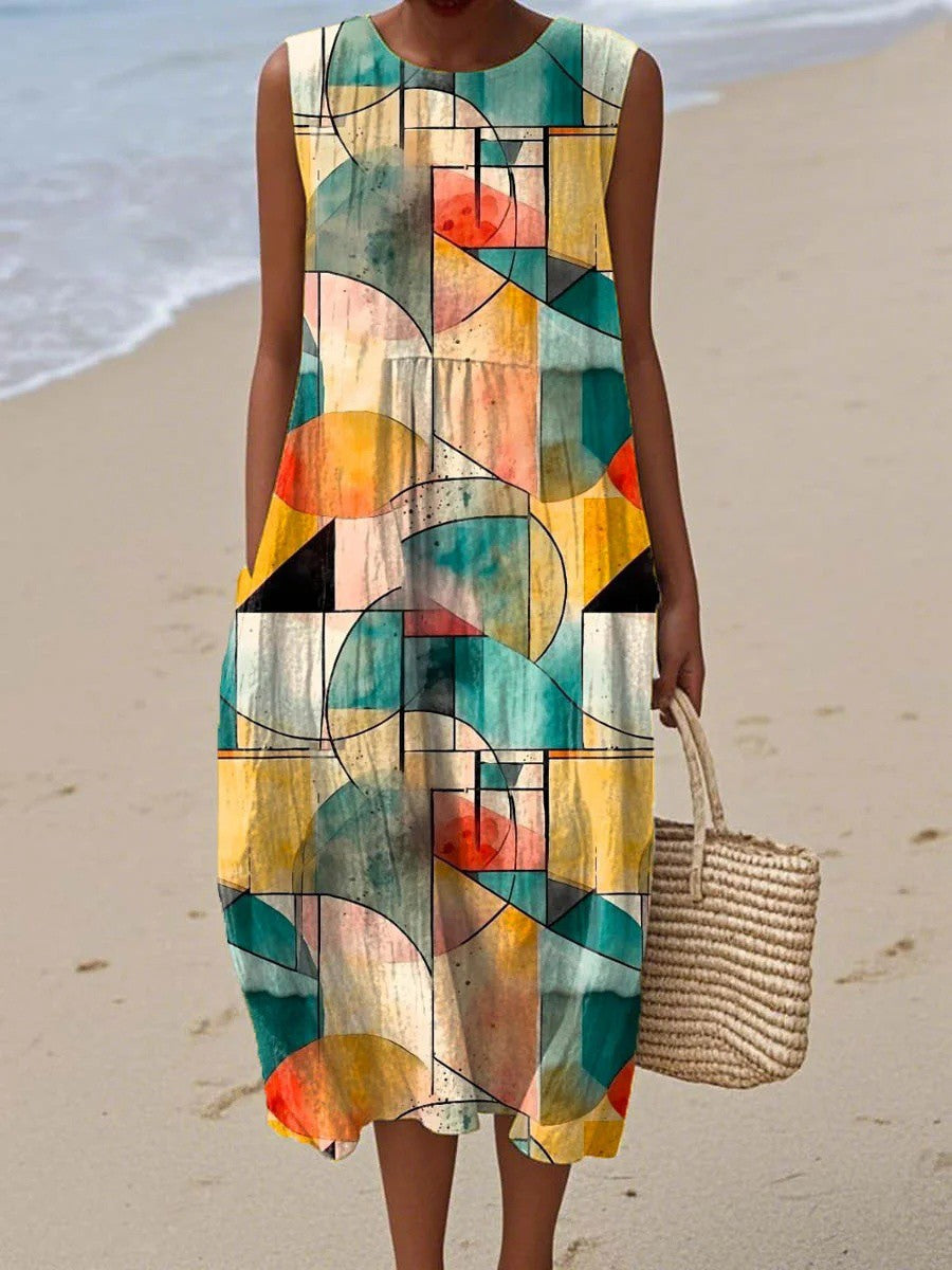 Women's Abstract Geometric Pattern Art Print Crew Neck Sleeveless Dress For Women-Jivoca