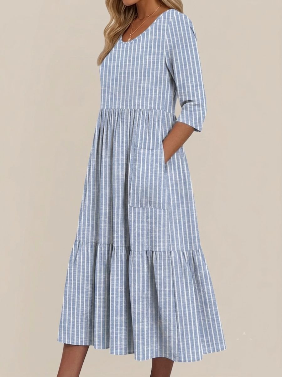 Women's Casual Dress Striped Crew Neck Half Sleeve Midi Dress-Jivoca