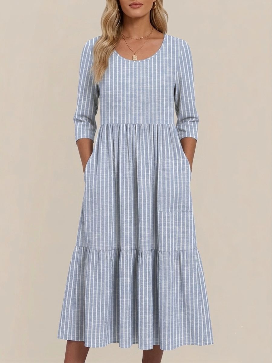 Women's Casual Dress Striped Crew Neck Half Sleeve Midi Dress-Jivoca