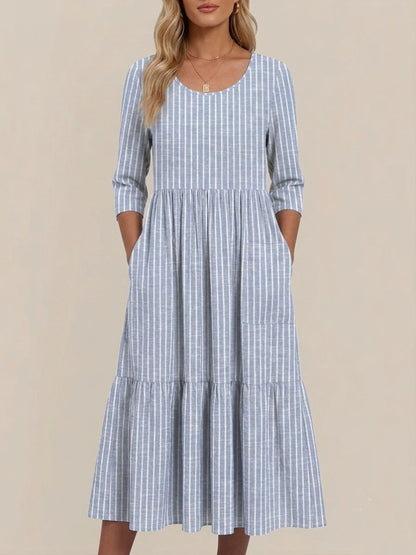 Women's Casual Dress Striped Crew Neck Half Sleeve Midi Dress-Jivoca