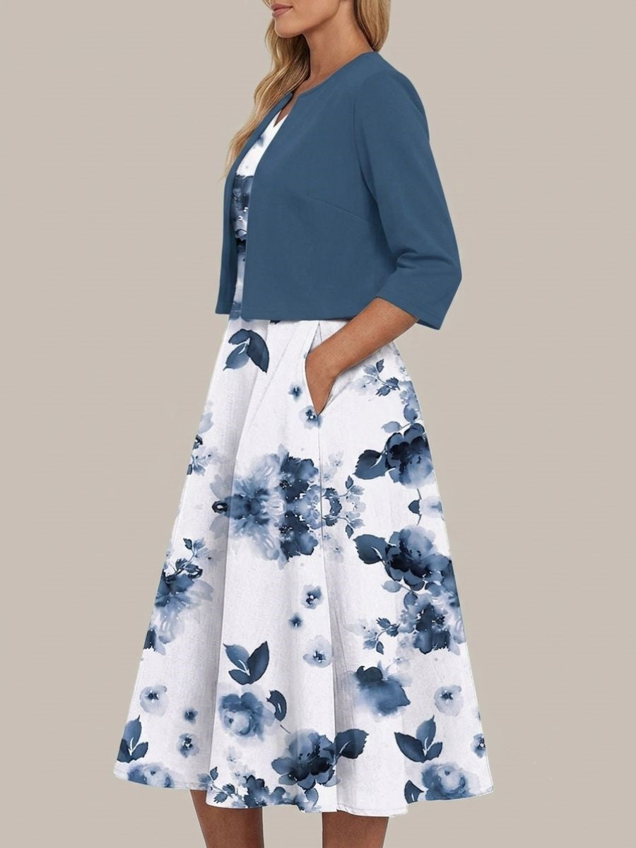Women's Floral Short Sleeve Two-Piece Midi Dress-Jivoca