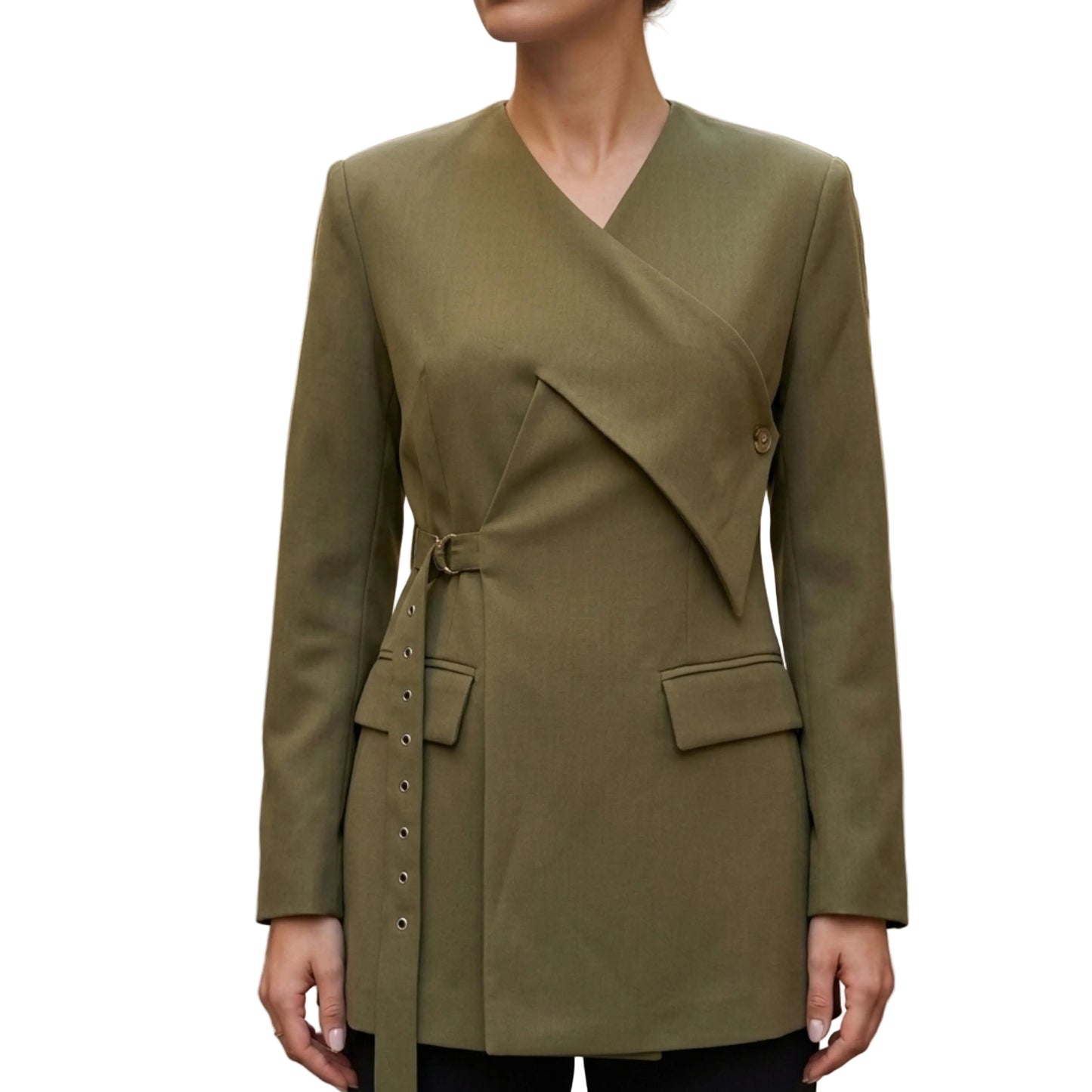 Women's Asymmetrical Wrap Style Blazer With Strap-Jivoca