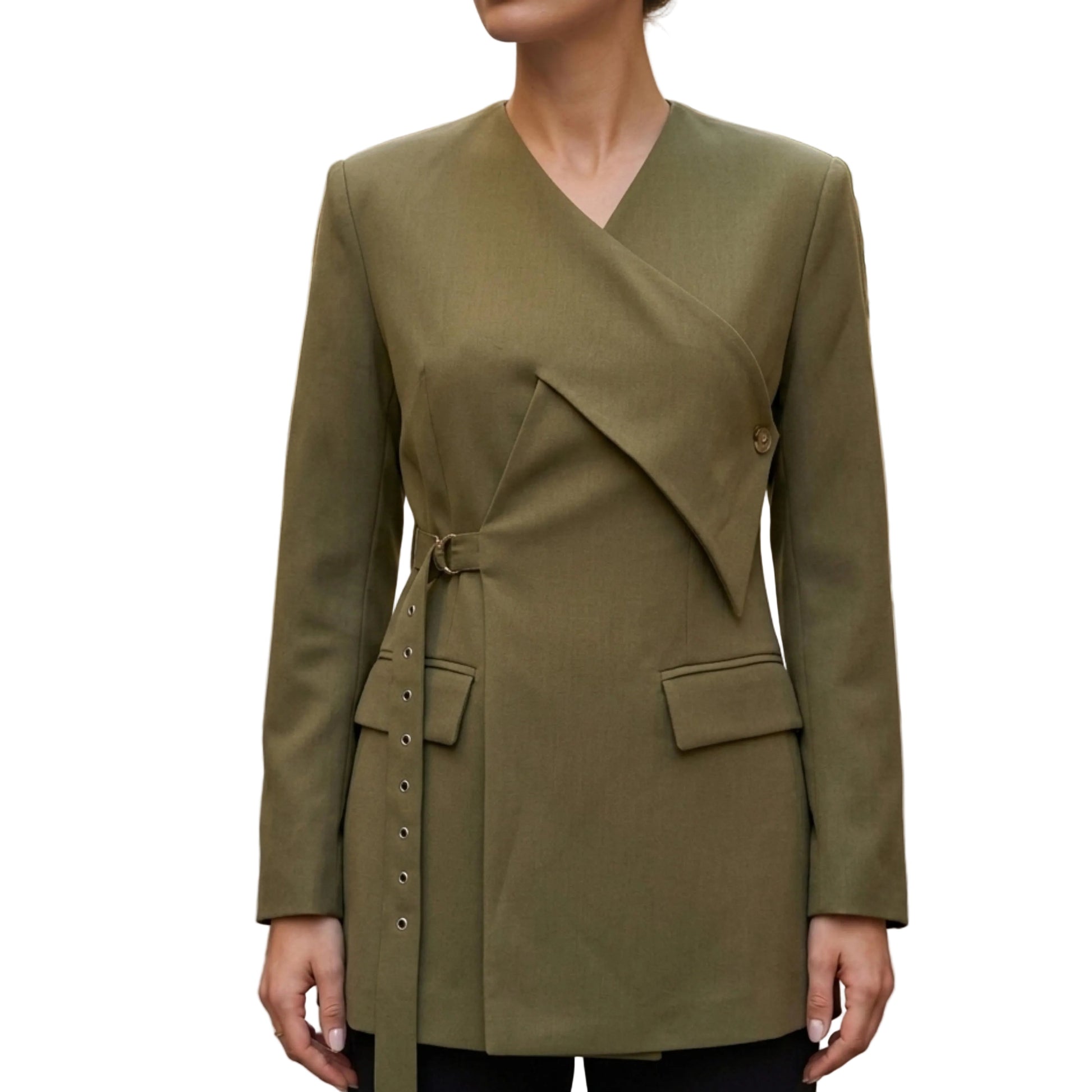Women's Asymmetrical Wrap Style Blazer With Strap-Jivoca