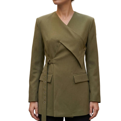 Women's Asymmetrical Wrap Style Blazer With Strap-Jivoca