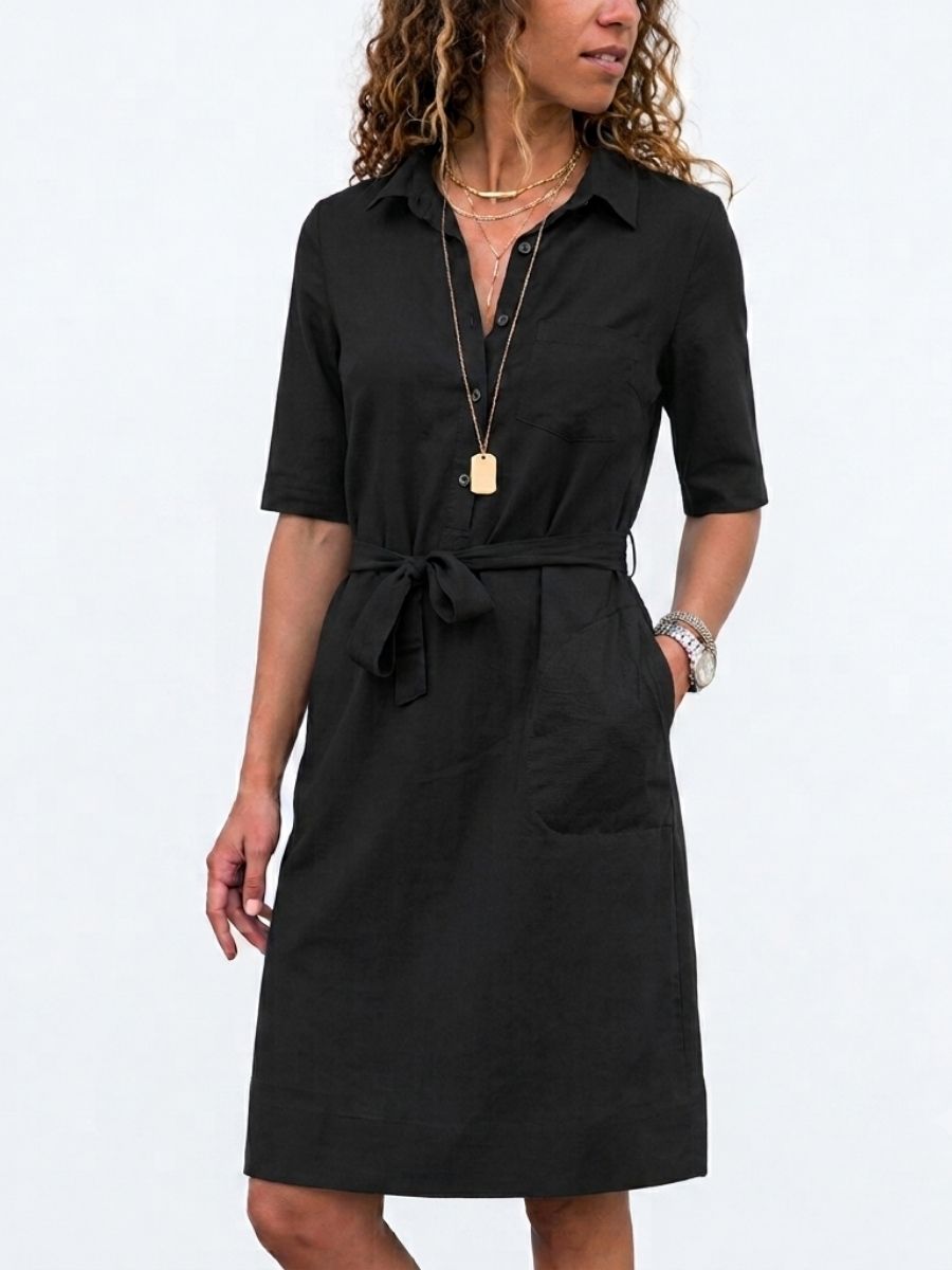 Women's Belted Shirt Dress With Pockets-Jivoca