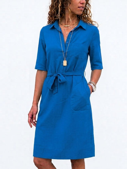 Women's Belted Shirt Dress With Pockets-Jivoca
