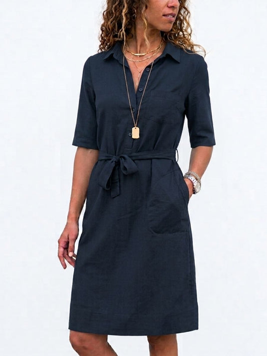 Women's Belted Shirt Dress With Pockets-Jivoca
