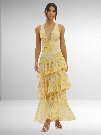 Women's Chiffon Maxi Dress With V-Neck And Tiered Skirt-Jivoca