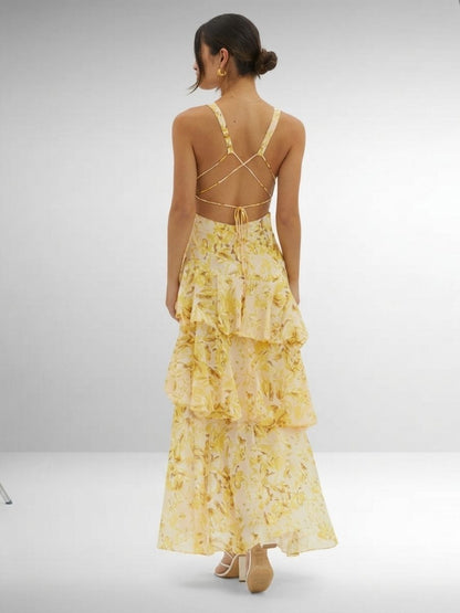 Women's Chiffon Maxi Dress With V-Neck And Tiered Skirt-Jivoca