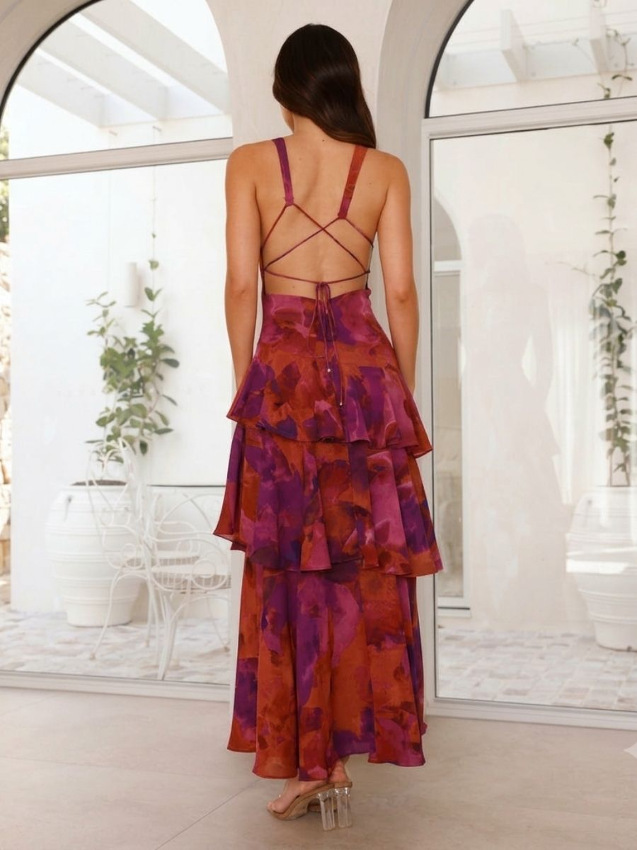 Women's Chiffon Maxi Dress With V-Neck And Tiered Skirt-Jivoca