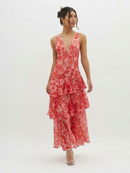 Women's Chiffon Maxi Dress With V-Neck And Tiered Skirt-Jivoca