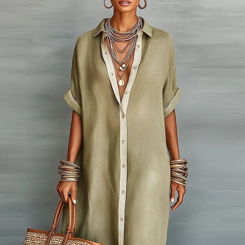 Women's Collared Button Front Maxi Shirt Dress-Jivoca