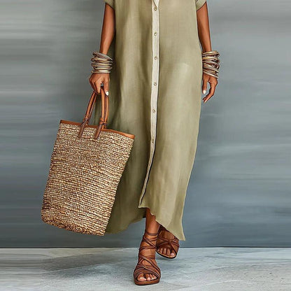 Women's Collared Button Front Maxi Shirt Dress-Jivoca