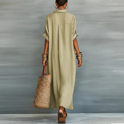 Women's Collared Button Front Maxi Shirt Dress-Jivoca