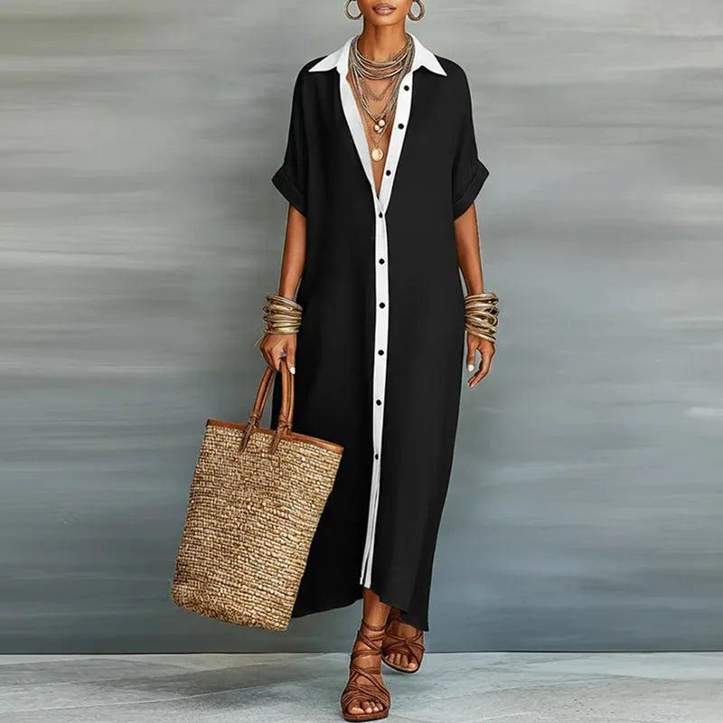 Women's Collared Button Front Maxi Shirt Dress-Jivoca