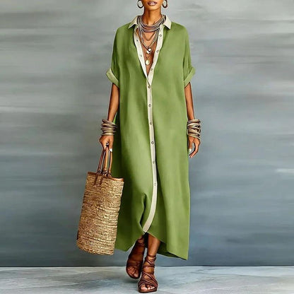 Women's Collared Button Front Maxi Shirt Dress-Jivoca