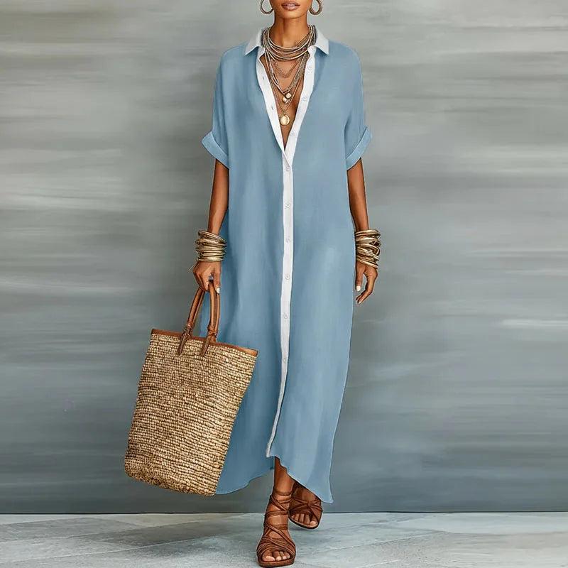 Women's Collared Button Front Maxi Shirt Dress-Jivoca