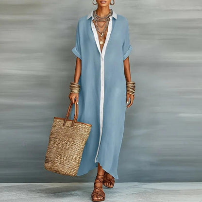 Women's Collared Button Front Maxi Shirt Dress-Jivoca