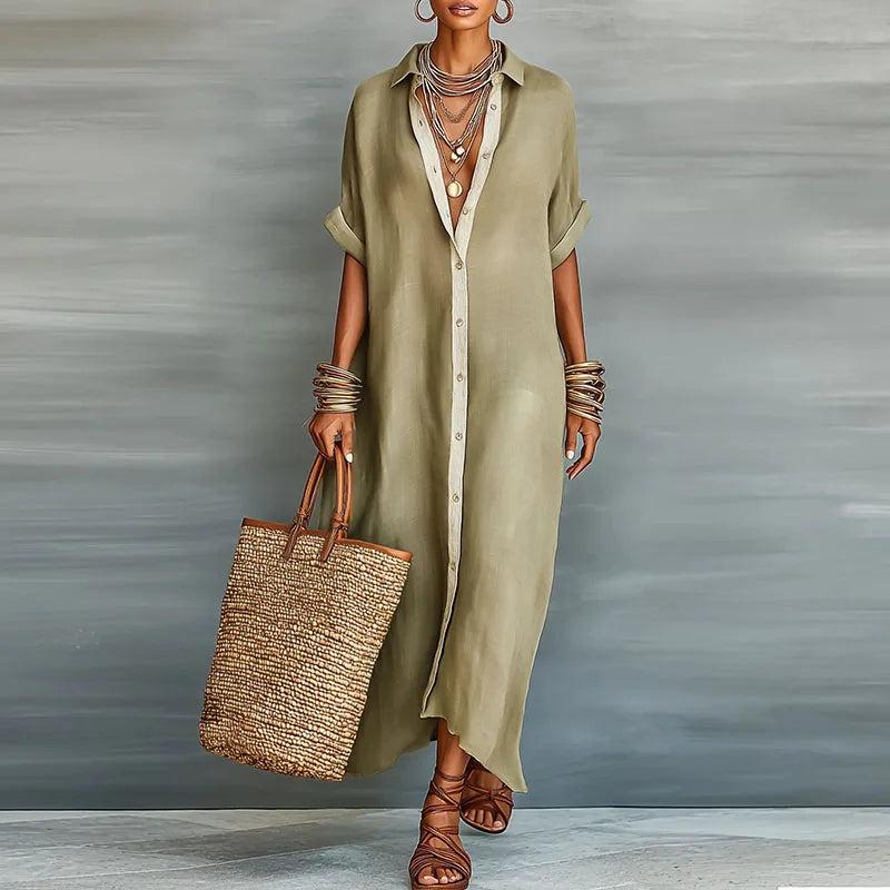 Women's Collared Button Front Maxi Shirt Dress-Jivoca