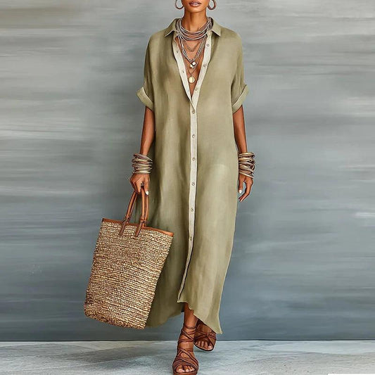 Women's Collared Button Front Maxi Shirt Dress-Jivoca