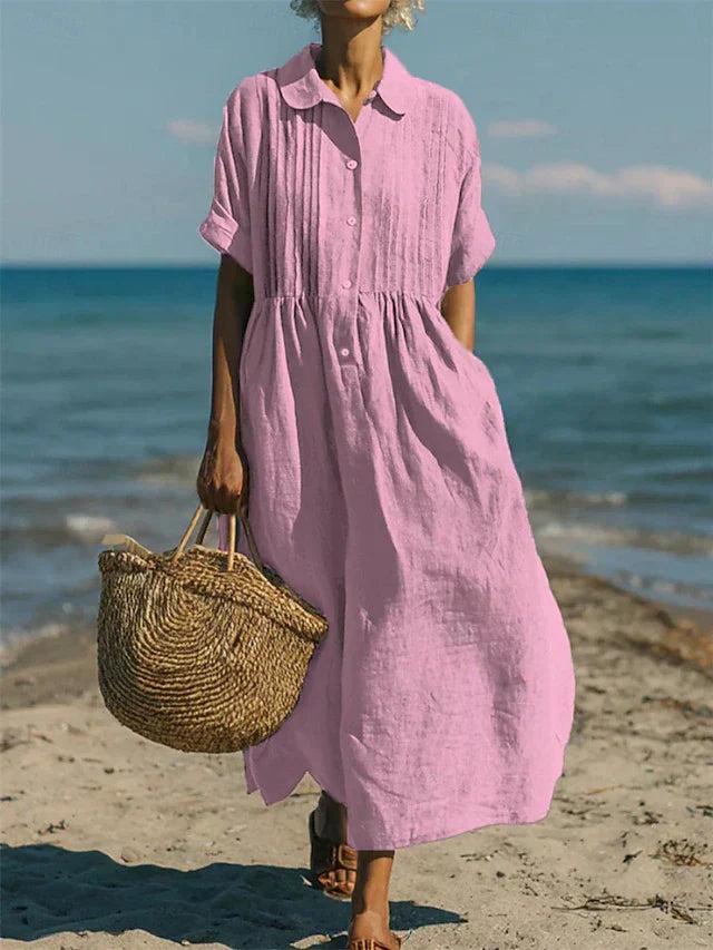 Women's Collared Button Front Midi Dress-Jivoca
