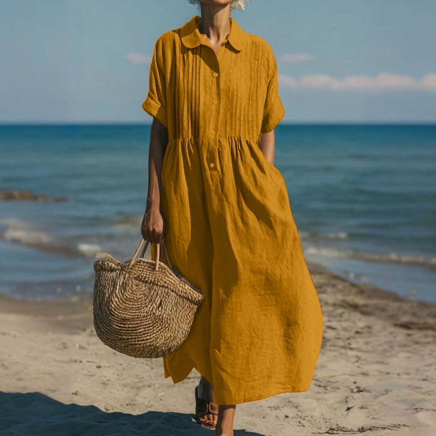 Women's Collared Button Front Midi Dress-Jivoca