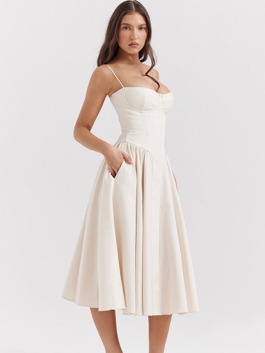 Women's Corset Style Midi Dress With Adjustable Straps-Jivoca