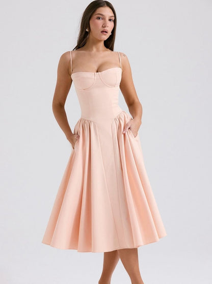 Women's Corset Style Midi Dress With Adjustable Straps-Jivoca