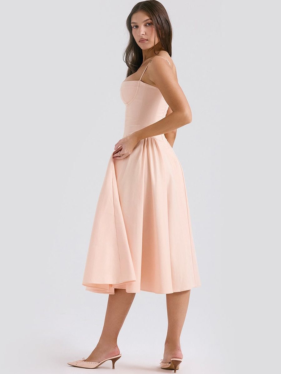 Women's Corset Style Midi Dress With Adjustable Straps-Jivoca