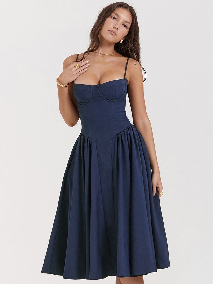 Women's Corset Style Midi Dress With Adjustable Straps-Jivoca