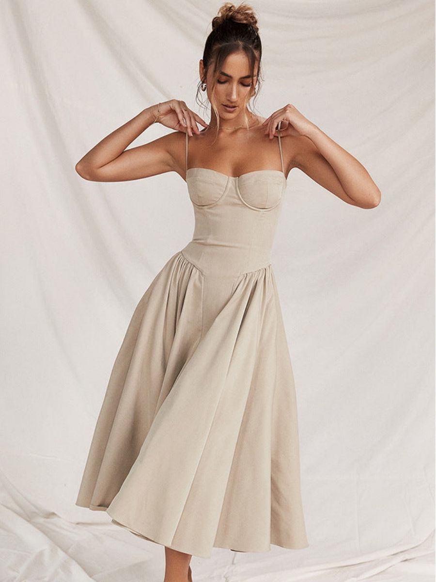 Women's Corset Style Midi Dress With Adjustable Straps-Jivoca