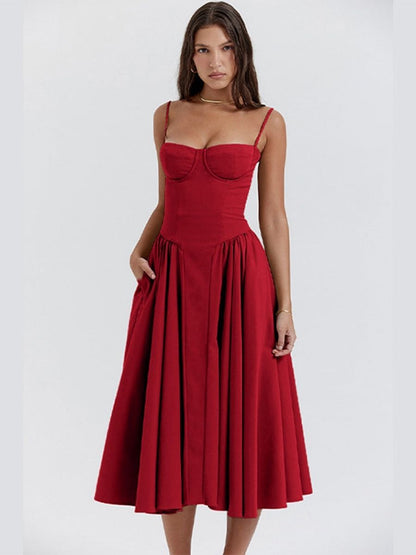 Women's Corset Style Midi Dress With Adjustable Straps-Jivoca