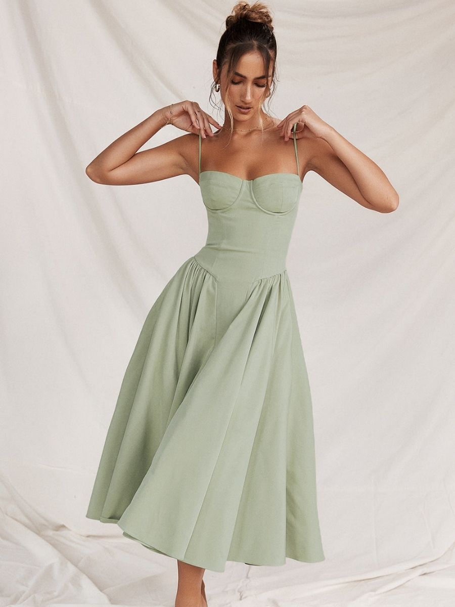 Women's Corset Style Midi Dress With Adjustable Straps-Jivoca