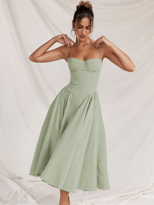Women's Corset Style Midi Dress With Adjustable Straps-Jivoca