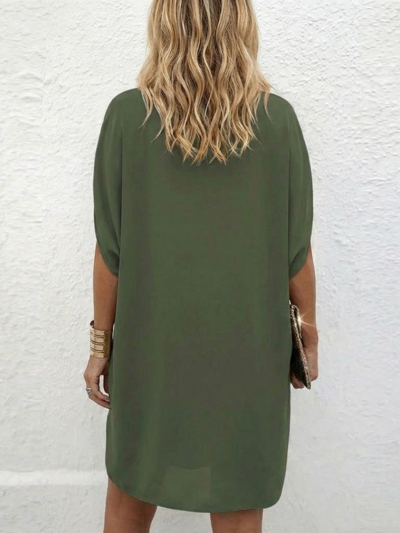 Women's Draped V-Neck Shift Dress With Cap Sleeves-Jivoca